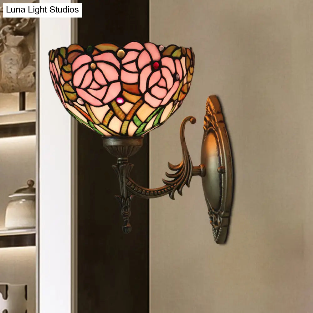 Pink Rose Tiffany Stained Glass Wall Mount Sconce With Bronze Carved Arm