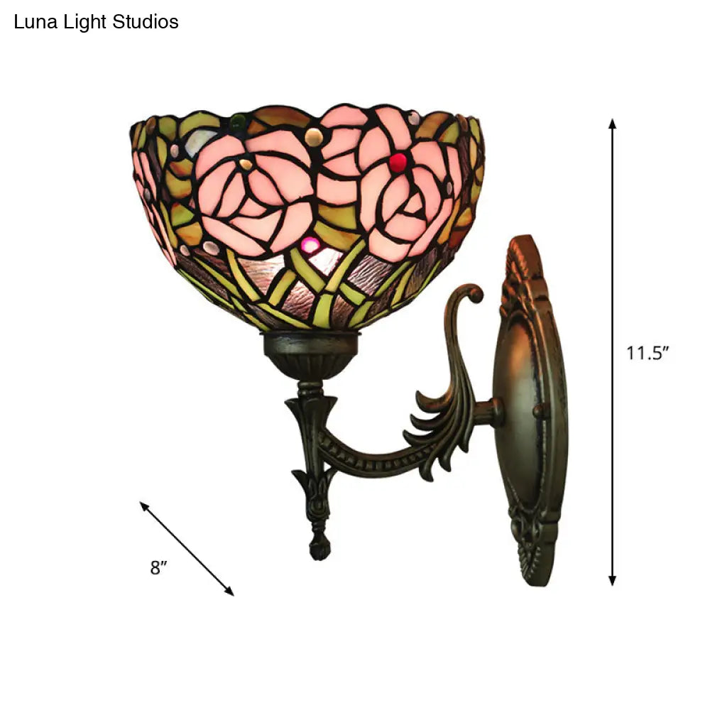 Pink Rose Tiffany Stained Glass Wall Mount Sconce With Bronze Carved Arm