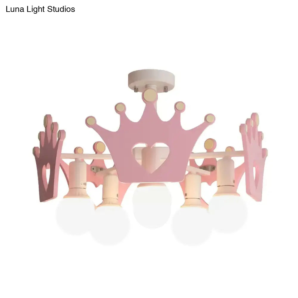 Pink Sputnik Semi Flush Mount Ceiling Light - Nordic Style With 6 Metal Bulbs And Wooden Crown Deco