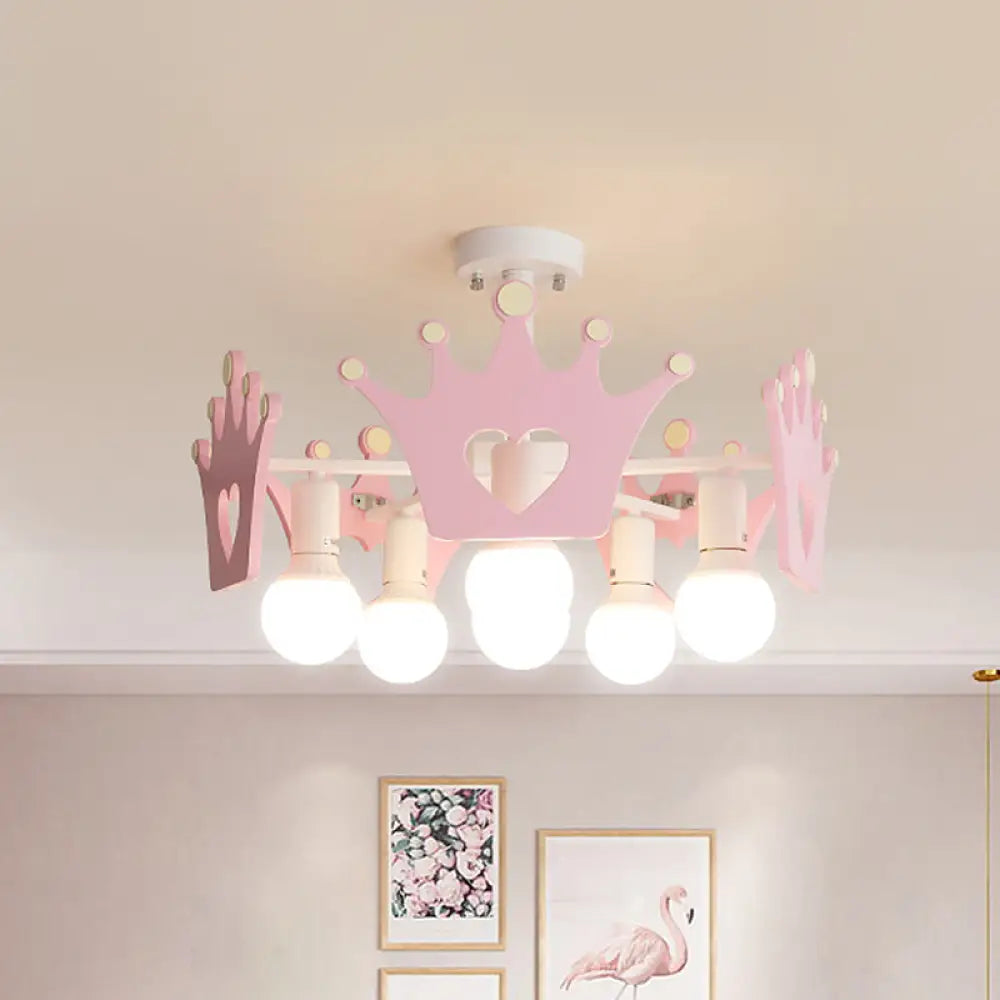 Pink Sputnik Semi Flush Mount Ceiling Light - Nordic Style With 6 Metal Bulbs And Wooden Crown Deco