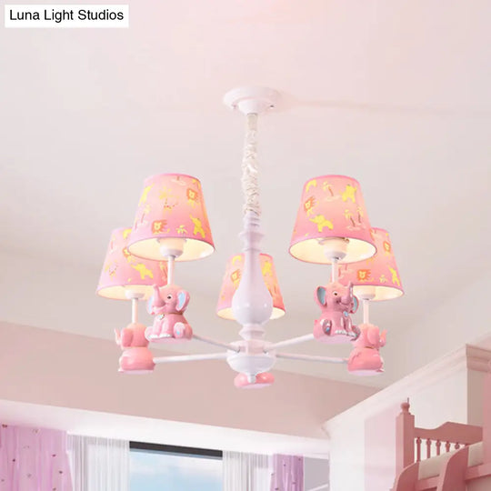 Pink Tapered Shade Elephant Metal Pendant Chandelier For Game Room