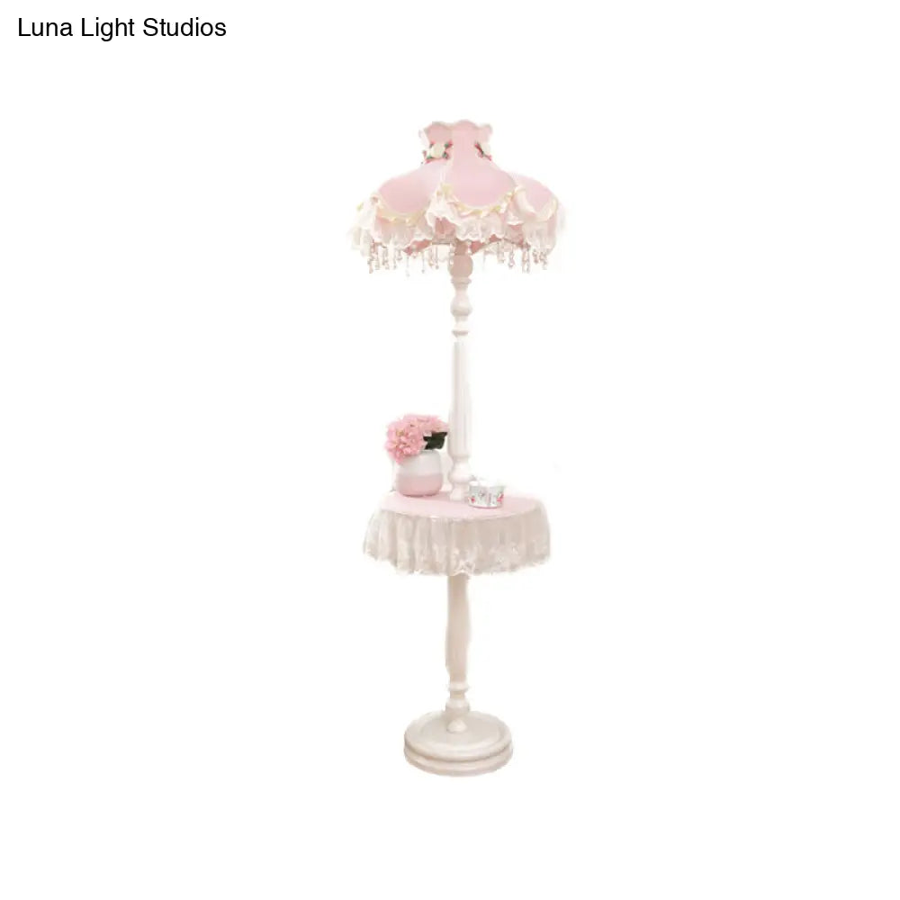 Pink-White Fringe Dress Girls Bedroom Floor Lamp With Table - Kids Style Standing Light