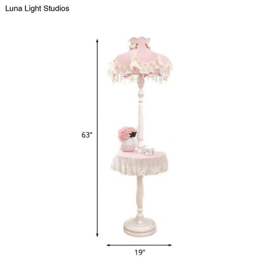 Pink-White Fringe Dress Girls Bedroom Floor Lamp With Table - Kids Style Standing Light