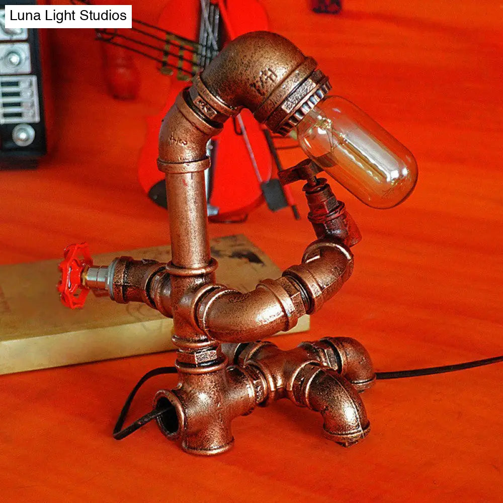 Pipe Man Industrial Metal Night Light - Rust Red Table Lamp With 1 Bulb For Bedroom