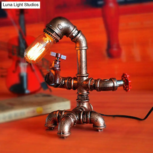 Pipe Man Industrial Metal Night Light - Rust Red Table Lamp With 1 Bulb For Bedroom