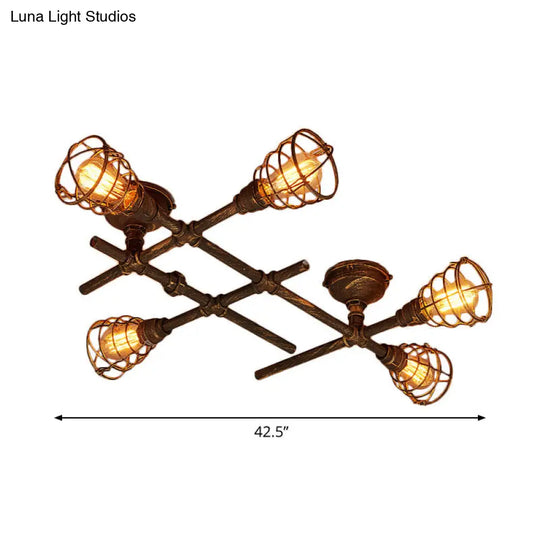 Piping Industrial Antiqued Bronze Metal Semi Flush Mount Ceiling Light With Cage 5 /