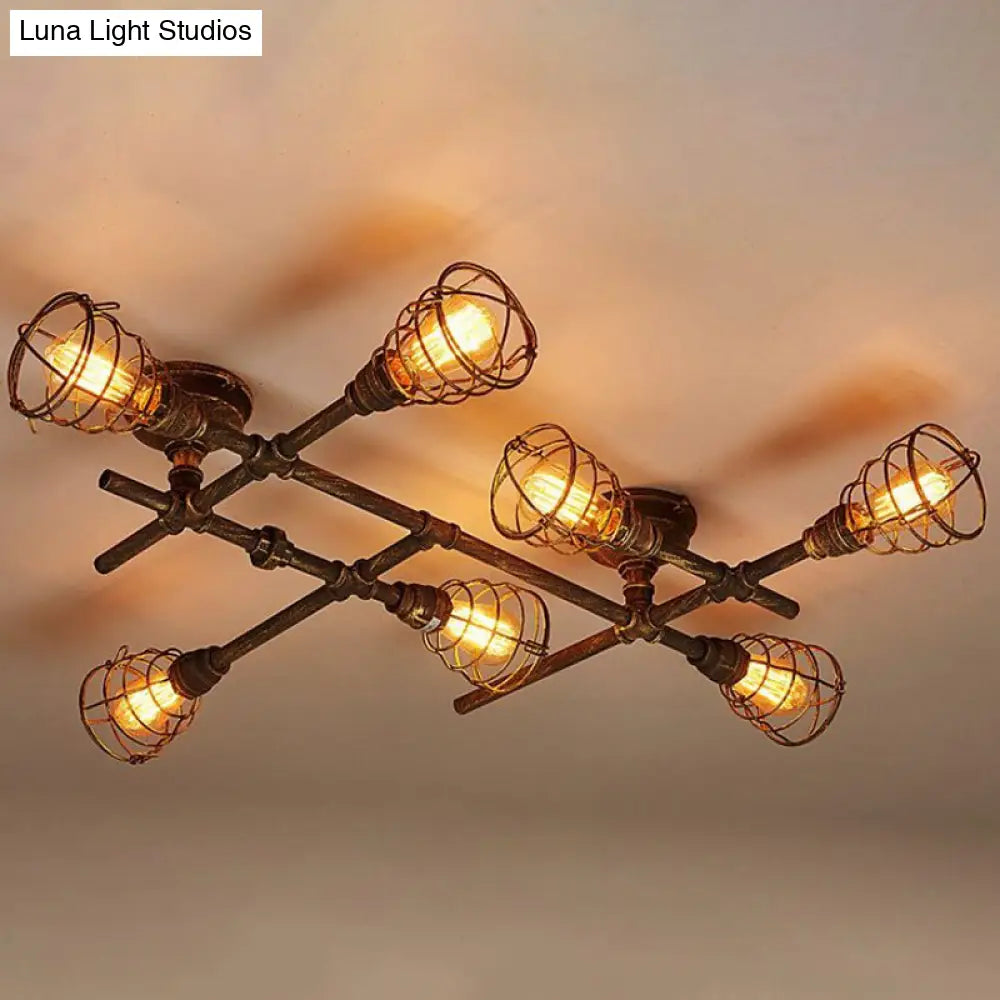 Piping Industrial Antiqued Bronze Metal Semi Flush Mount Ceiling Light With Cage