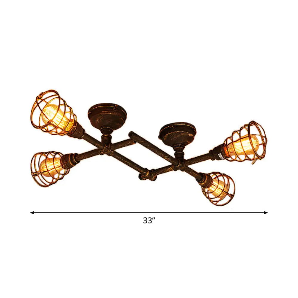 Piping Industrial Antiqued Bronze Metal Semi Flush Mount Ceiling Light With Cage 4 /