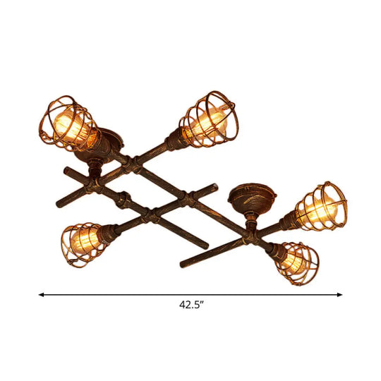 Piping Industrial Antiqued Bronze Metal Semi Flush Mount Ceiling Light With Cage 5 /