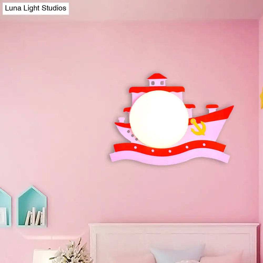 Pirate Ship Wooden Led Wall Sconce With Opal Glass Shade For Kids In Pink/Blue