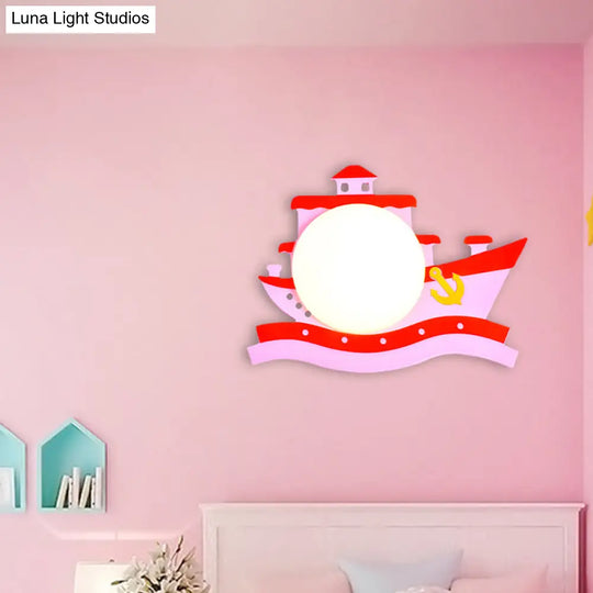 Pirate Ship Wooden Led Wall Sconce With Opal Glass Shade For Kids In Pink/Blue