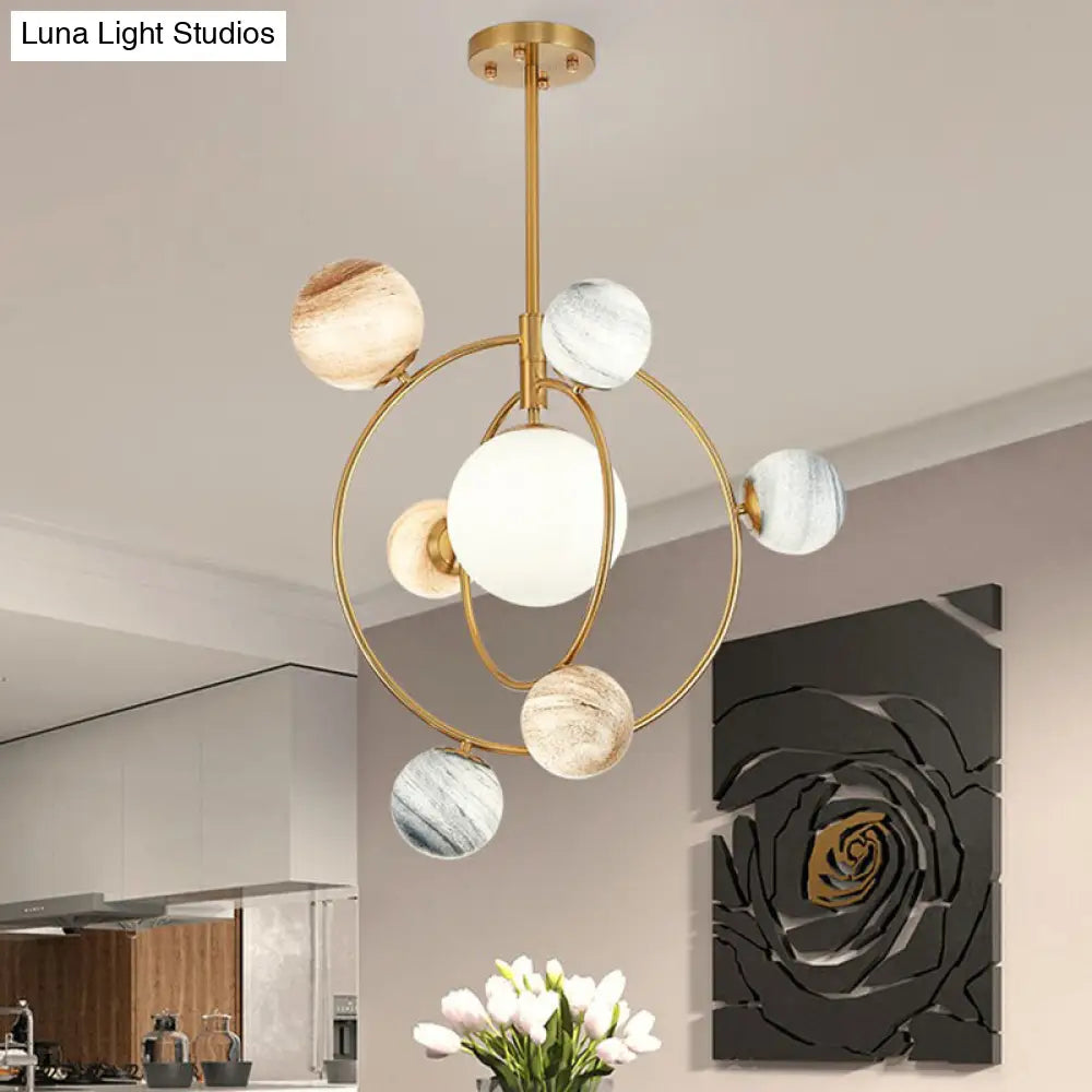 Planet Children’s Chandelier: Stained Glass 7-Light Ceiling Light With Metal Ring In Gold -