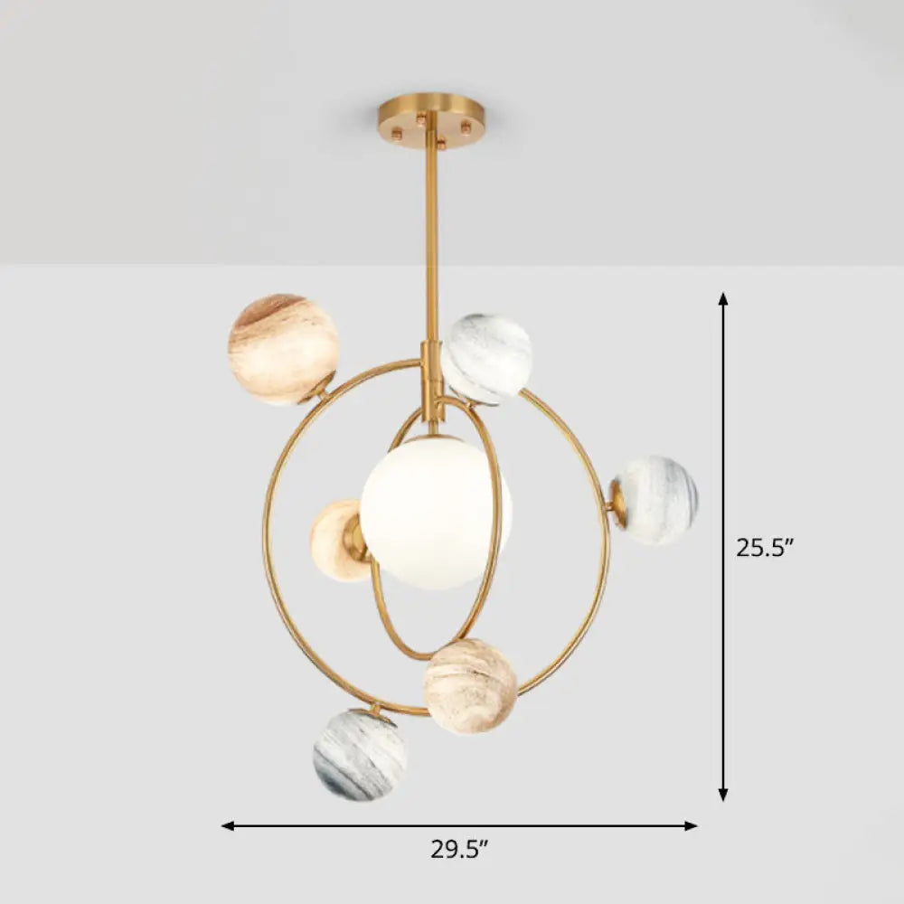 Planet Children’s Chandelier: Stained Glass 7-Light Ceiling Light With Metal Ring In Gold -