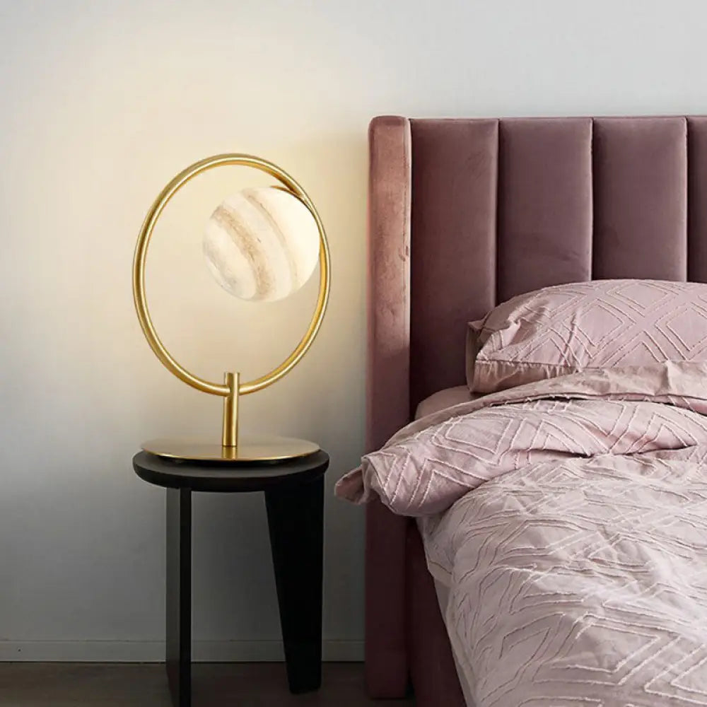 Planet Table Lamp: Nordic Gold Finish Stained Glass Night Light With Metal Ring