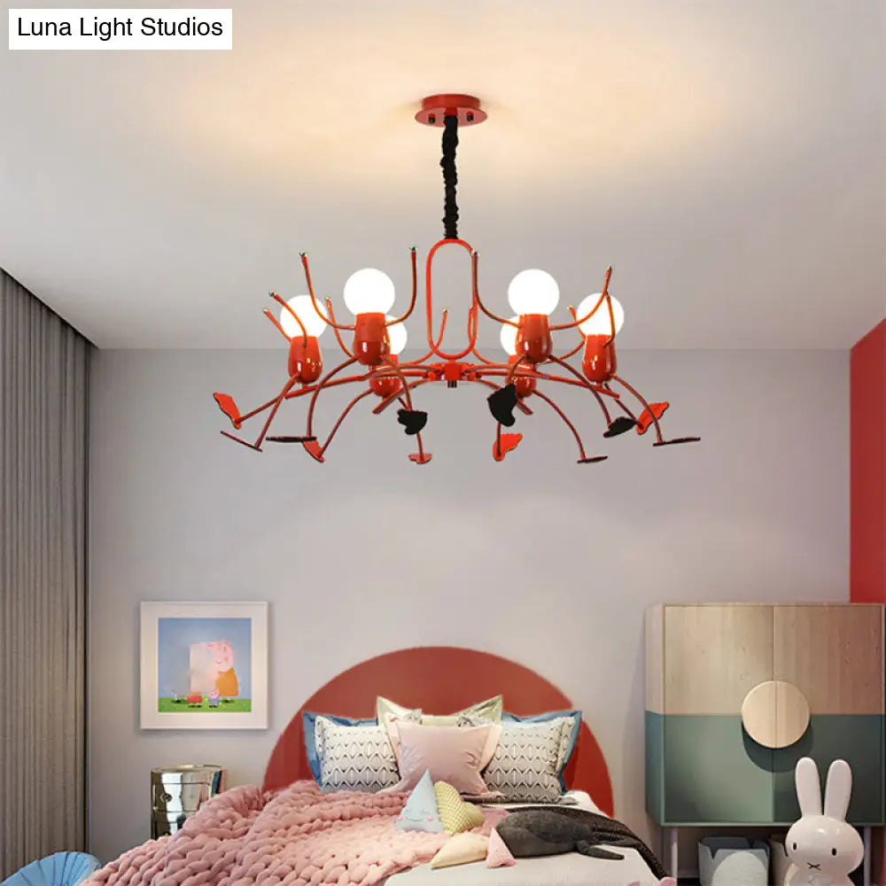 Playful Red Stick-Man Kids Room Chandelier Cartoon Metal Hanging Light Fixture