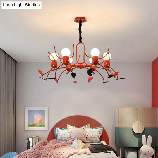 Playful Red Stick-Man Kids Room Chandelier Cartoon Metal Hanging Light Fixture