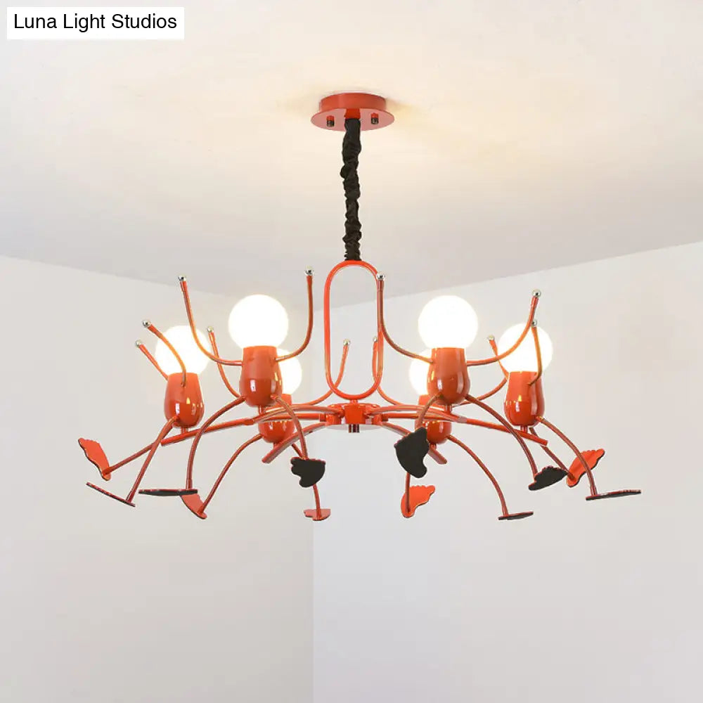 Playful Red Stick-Man Kids Room Chandelier Cartoon Metal Hanging Light Fixture