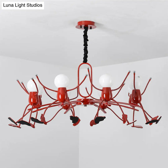 Playful Red Stick-Man Kids Room Chandelier Cartoon Metal Hanging Light Fixture