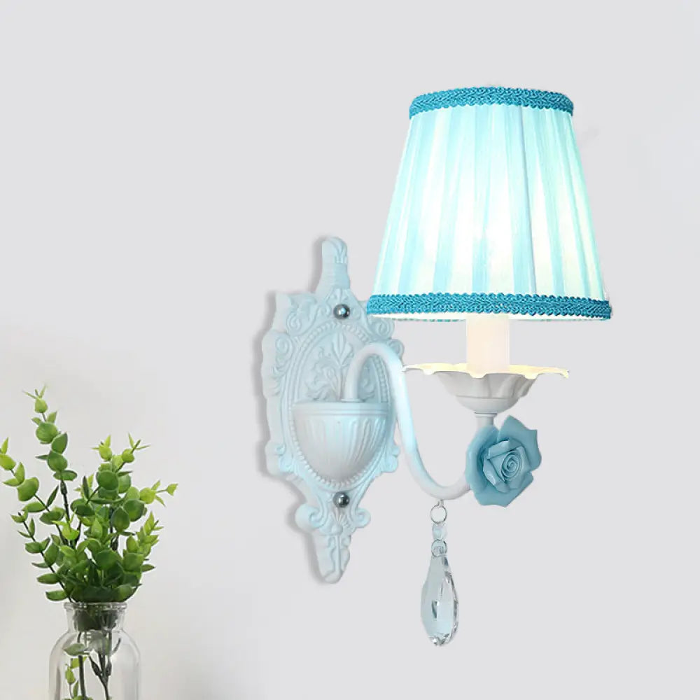 Pleated Fabric Wall Sconce: Pastoral Pink/Blue Bedside Light With Rose Decor 1 / Blue