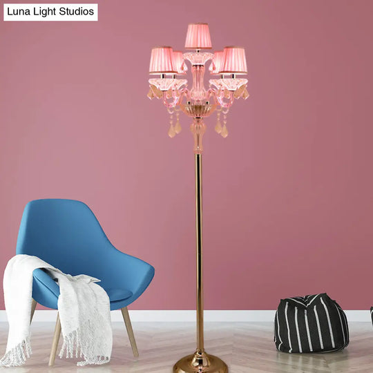 Pleated Lampshade Crystal Pink Floor Reading Lamp With Traditional Candlestick Design - 5/6/7-Head