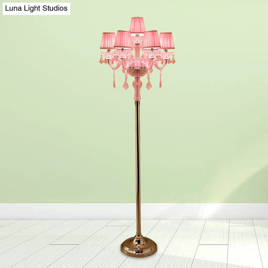 Pleated Lampshade Crystal Pink Floor Reading Lamp With Traditional Candlestick Design - 5/6/7-Head