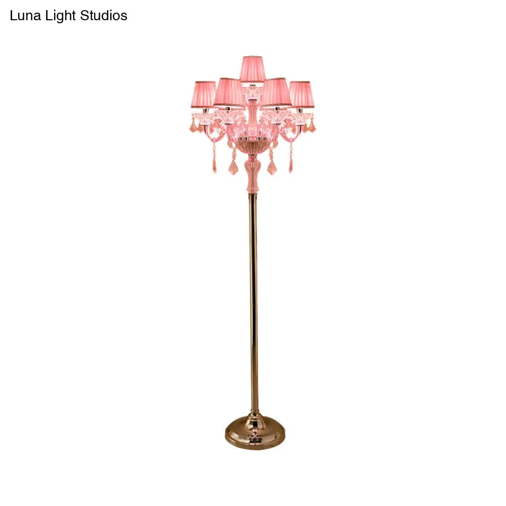 Pleated Lampshade Crystal Pink Floor Reading Lamp With Traditional Candlestick Design - 5/6/7-Head