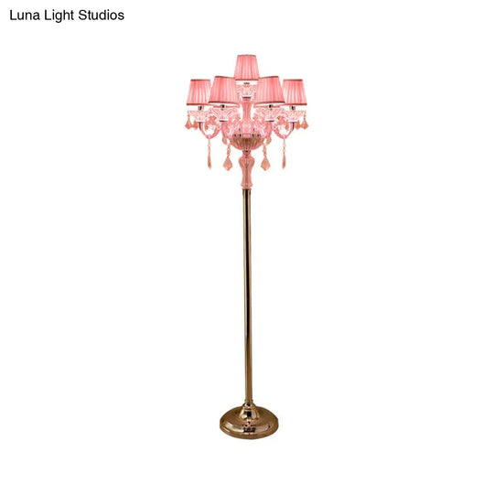 Pleated Lampshade Crystal Pink Floor Reading Lamp With Traditional Candlestick Design - 5/6/7-Head