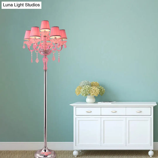 Pleated Lampshade Crystal Pink Floor Reading Lamp With Traditional Candlestick Design - 5/6/7-Head