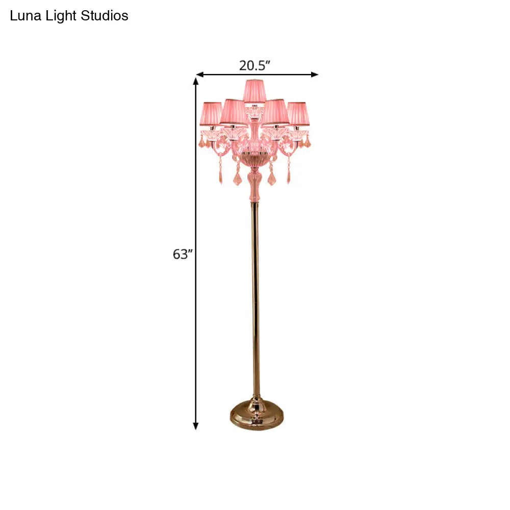 Pleated Lampshade Crystal Pink Floor Reading Lamp With Traditional Candlestick Design - 5/6/7-Head