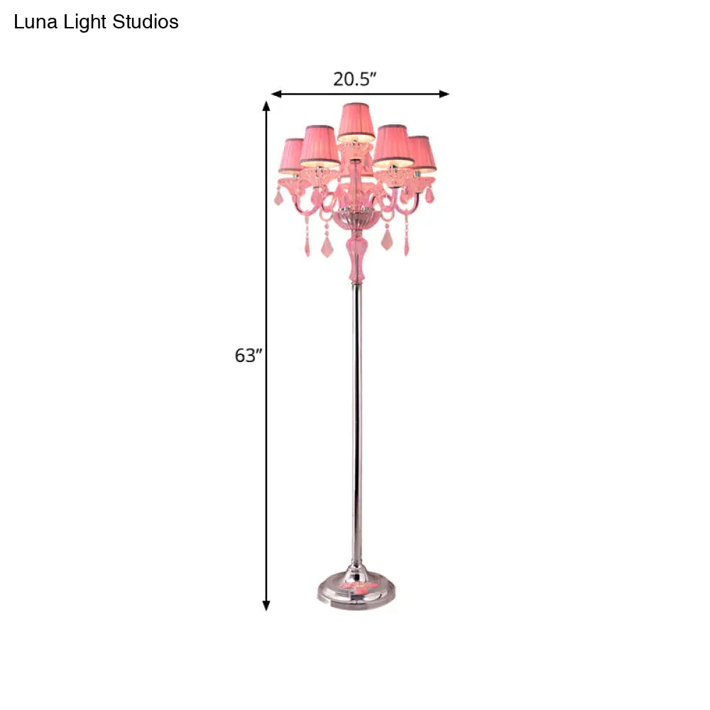 Pleated Lampshade Crystal Pink Floor Reading Lamp With Traditional Candlestick Design - 5/6/7-Head