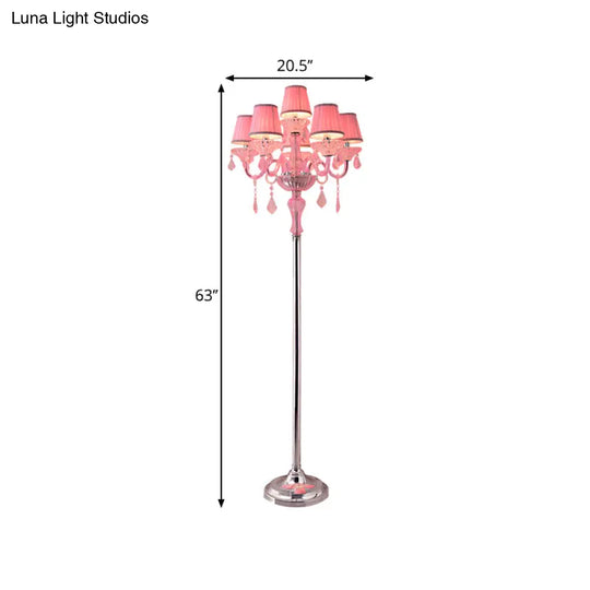 Pleated Lampshade Crystal Pink Floor Reading Lamp With Traditional Candlestick Design - 5/6/7-Head