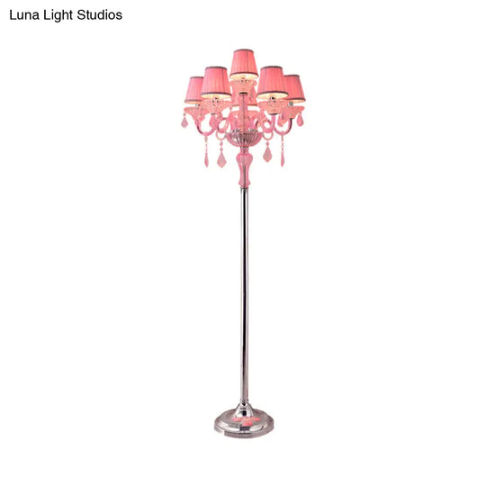 Pleated Lampshade Crystal Pink Floor Reading Lamp With Traditional Candlestick Design - 5/6/7-Head