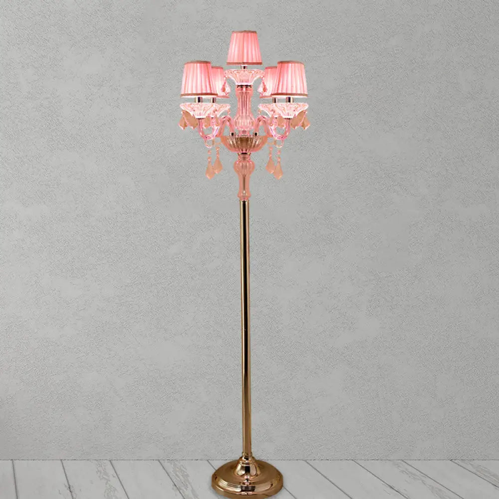 Pleated Lampshade Crystal Pink Floor Reading Lamp With Traditional Candlestick Design - 5/6/7-Head