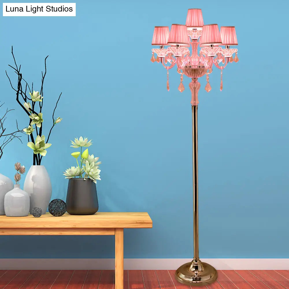 Pleated Lampshade Crystal Pink Floor Reading Lamp With Traditional Candlestick Design - 5/6/7-Head