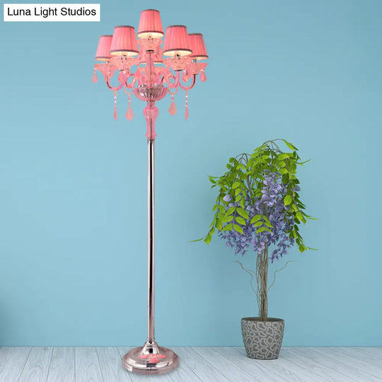 Pleated Lampshade Crystal Pink Floor Reading Lamp With Traditional Candlestick Design - 5/6/7-Head