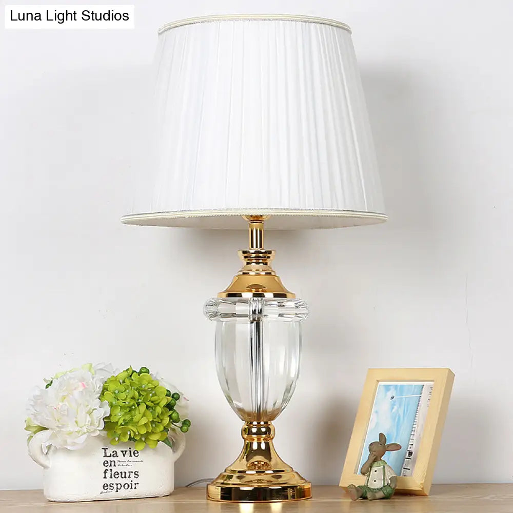 Pleated Lampshade White Nightstand Lamp With Crystal Deco - Stylish Table Light For Bedroom