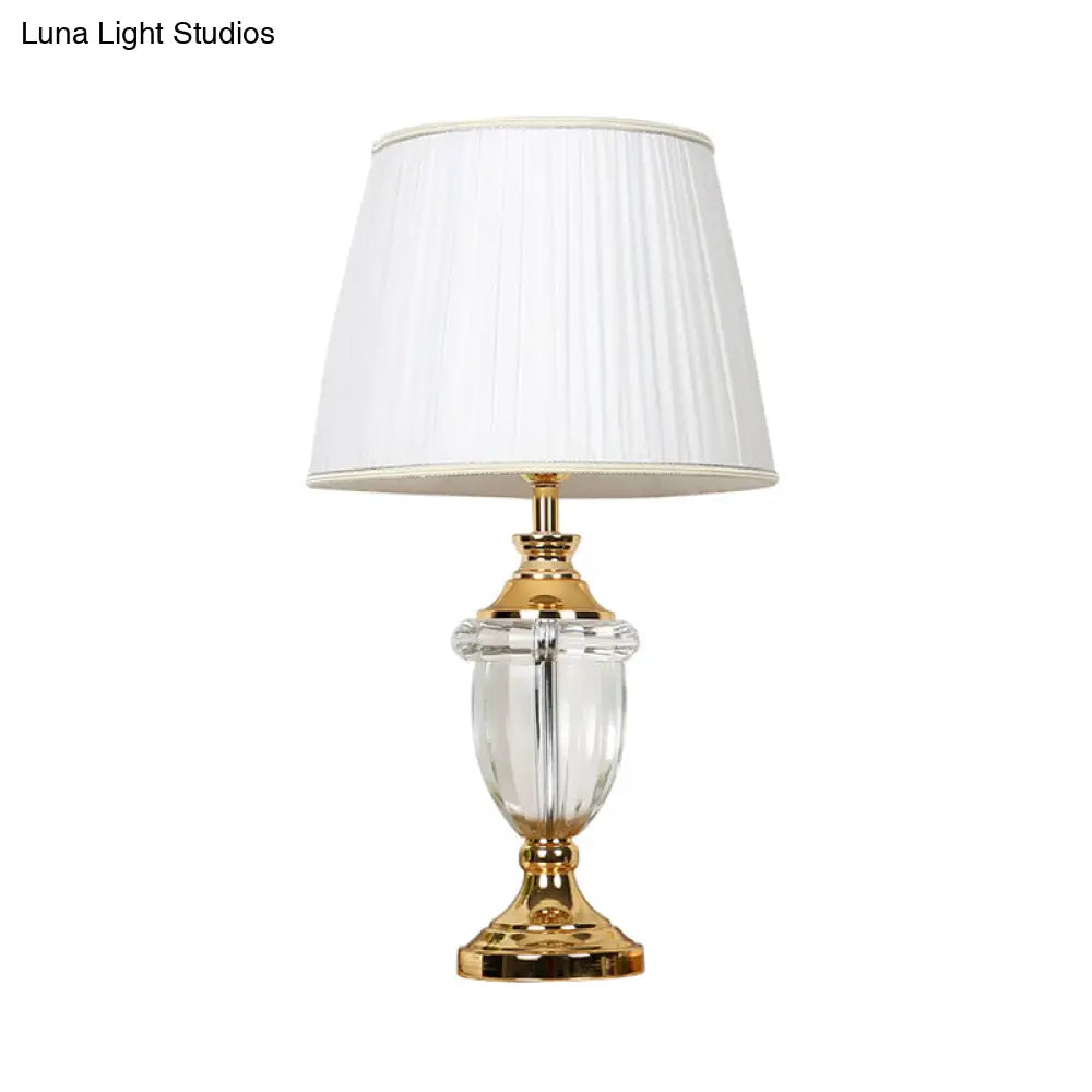 Pleated Lampshade White Nightstand Lamp With Crystal Deco - Stylish Table Light For Bedroom