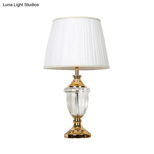 Pleated Lampshade White Nightstand Lamp With Crystal Deco - Stylish Table Light For Bedroom