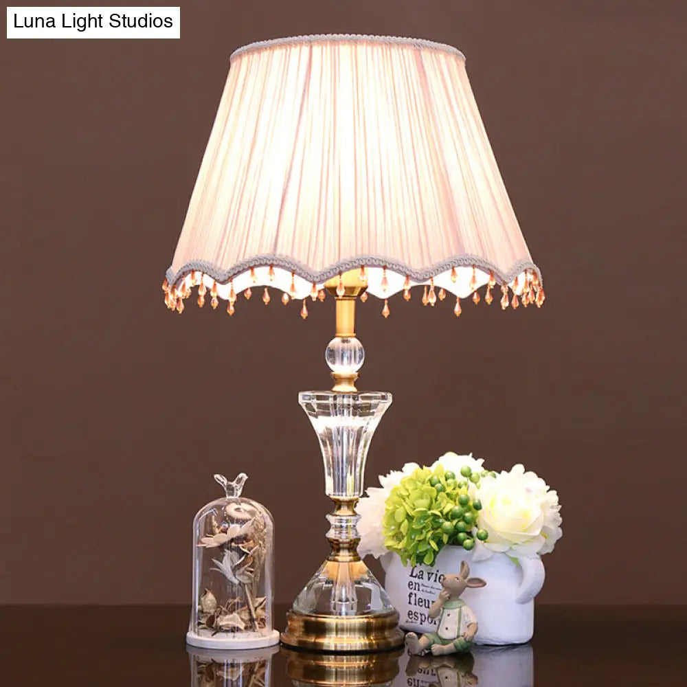 Pleated Shade Crystal Night Table Lamp: Minimalistic 1-Light Pink Bedroom Nightstand Light With