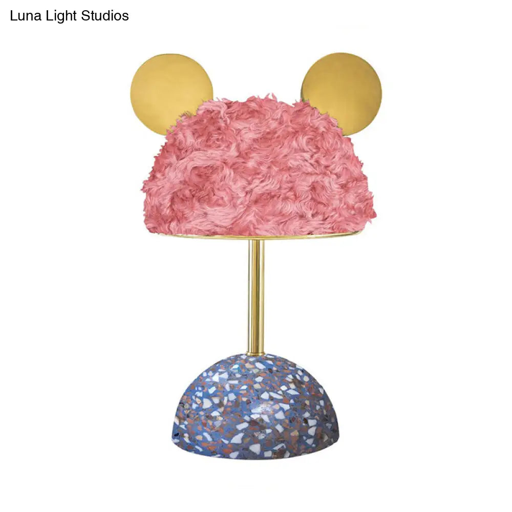 Plush Fabric Bear Table Lamp - Kids Style Pink/Dark Green/Light Pink Dome Terrazzo Base Nightstand