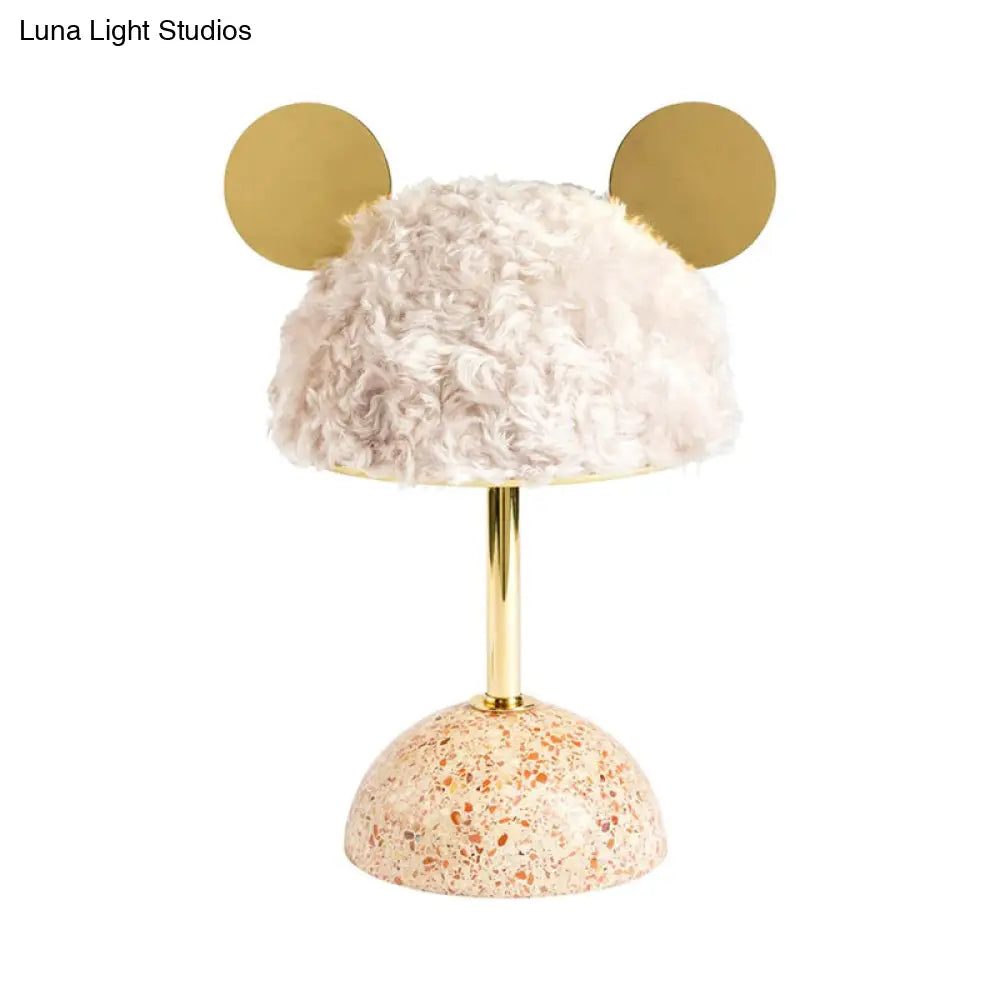 Plush Fabric Bear Table Lamp - Kids Style Pink/Dark Green/Light Pink Dome Terrazzo Base Nightstand