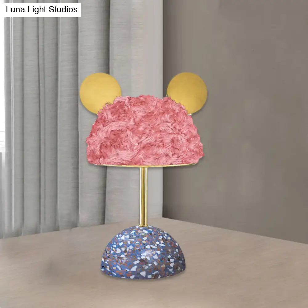 Plush Fabric Bear Table Lamp - Kids Style Pink/Dark Green/Light Pink Dome Terrazzo Base Nightstand