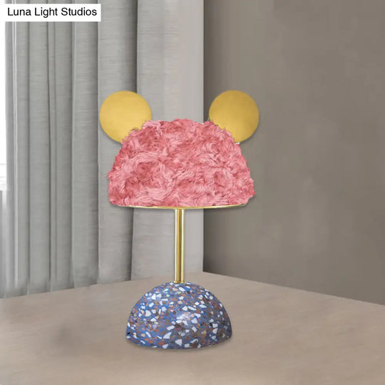 Plush Fabric Bear Table Lamp - Kids Style Pink/Dark Green/Light Pink Dome Terrazzo Base Nightstand