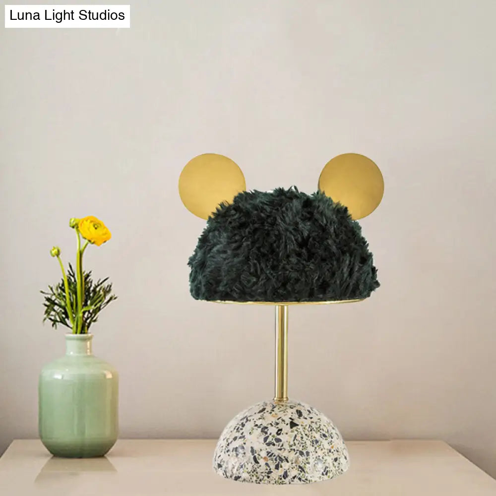 Plush Fabric Bear Table Lamp - Kids Style Pink/Dark Green/Light Pink Dome Terrazzo Base Nightstand