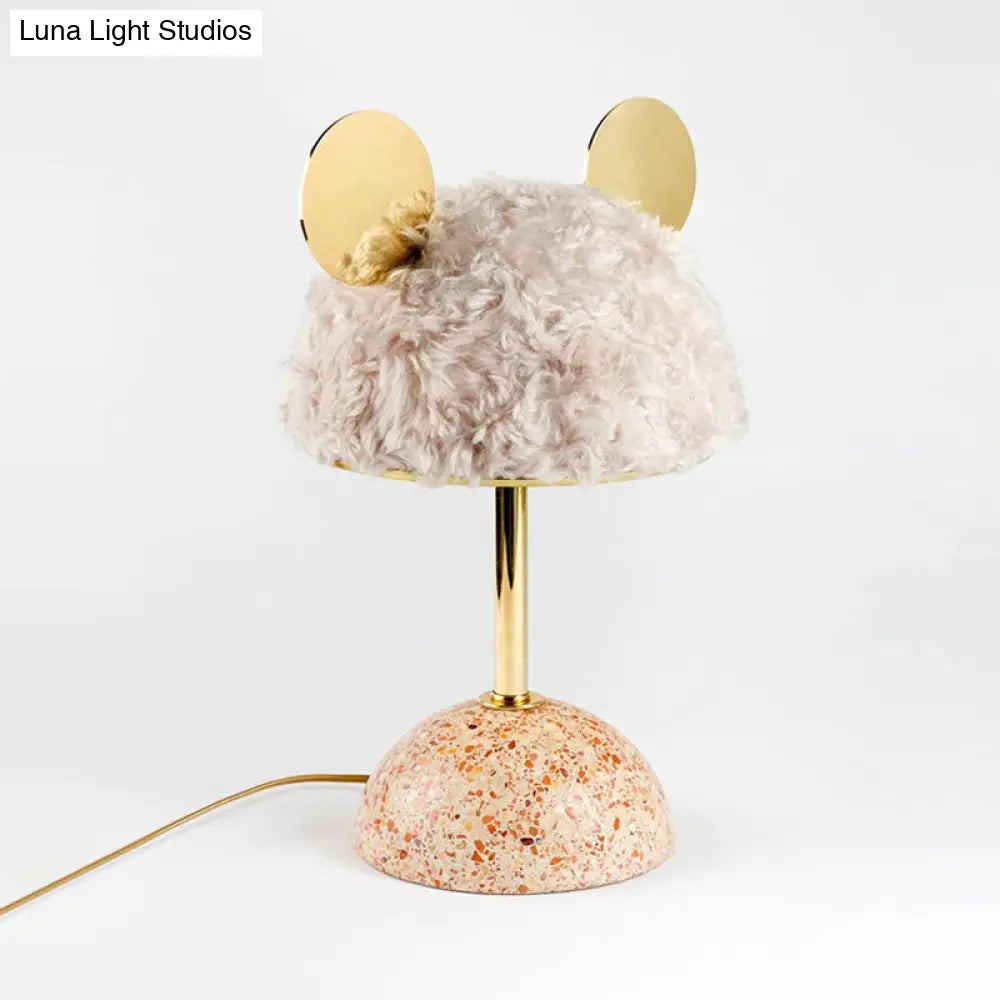 Plush Fabric Bear Table Lamp - Kids Style Pink/Dark Green/Light Pink Dome Terrazzo Base Nightstand