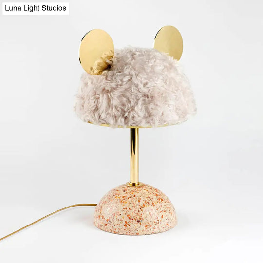 Plush Fabric Bear Table Lamp - Kids Style Pink/Dark Green/Light Pink Dome Terrazzo Base Nightstand