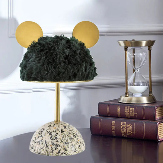 Plush Fabric Bear Table Lamp - Kids Style Pink/Dark Green/Light Pink Dome Terrazzo Base Nightstand