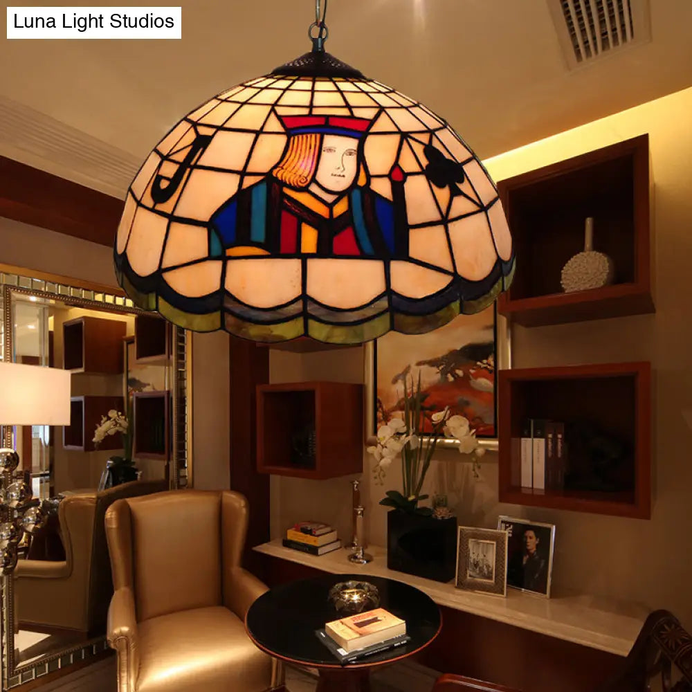 Poker Pendulum Tiffany-Style Light With 2 Handcrafted Art Glass Heads - Beige Suspension Lamp For