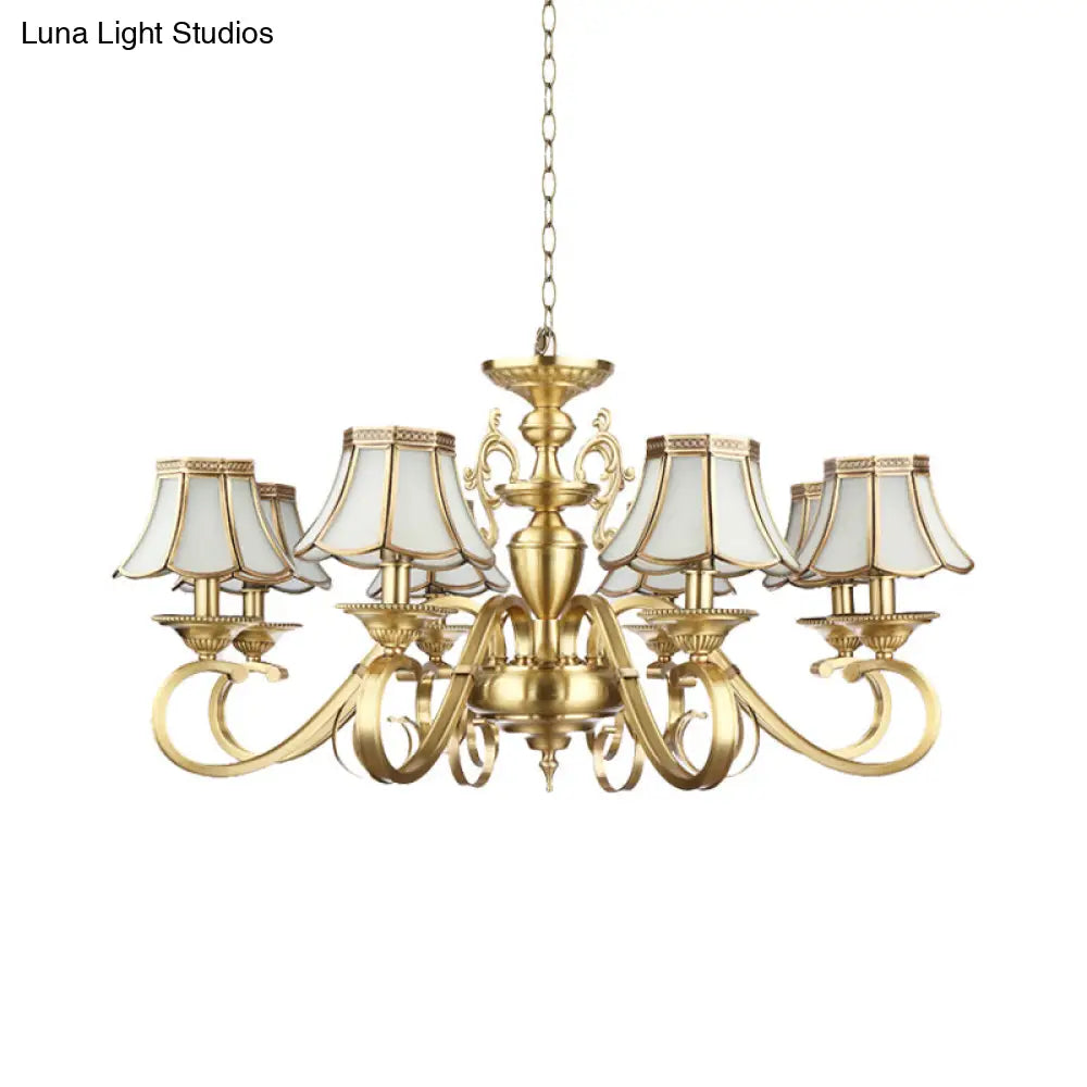 Polished Brass Scalloped Chandelier - Colonial Frosted Glass 8-Light Ceiling Light