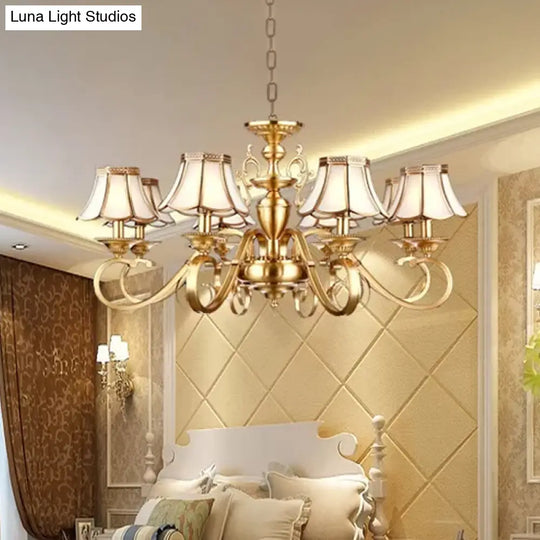 Polished Brass Scalloped Chandelier - Colonial Frosted Glass 8-Light Ceiling Light